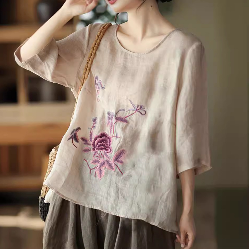 Ethnic Fabric - Plus Size Women's Summer Retro Blouse